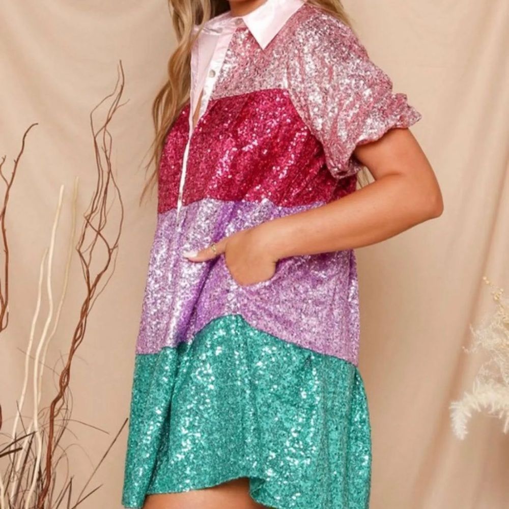 Peach Love California Sequined Mini Babydoll Dress, L
